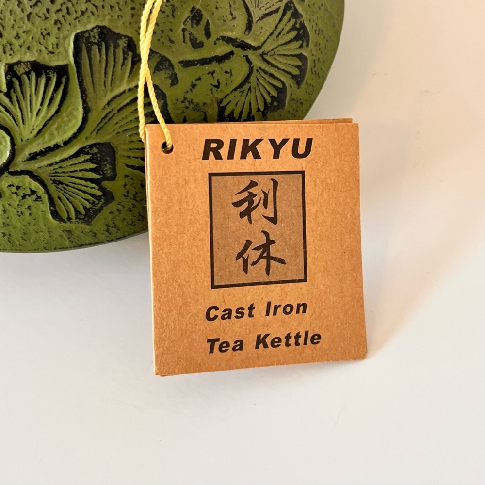 NWT Rikyu Japanese Green Cast Iron Teapot Kettle Gingko Leaf Design Infuser - Picture 7 of 11